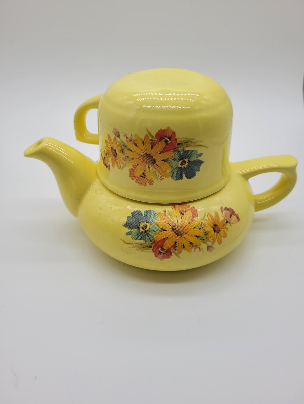 Vintage Signed Yellow Ceramic Stacking Tea for One Teapot Cup Set Orange Flowers